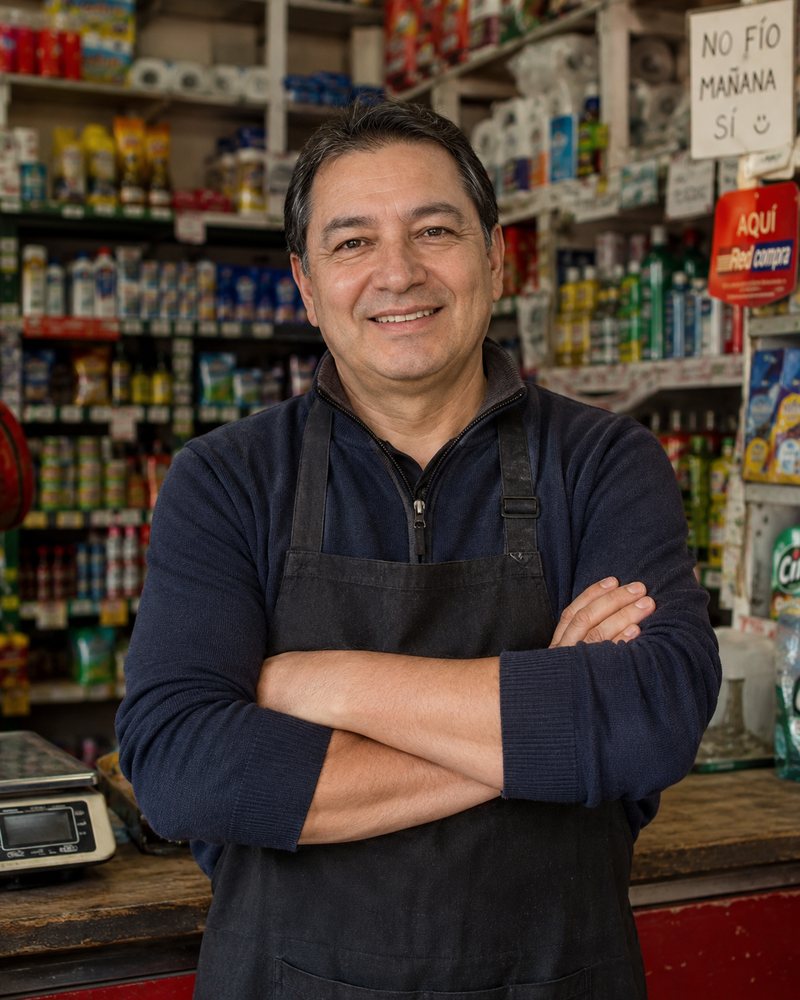 Almacenero chileno en su comercio con caja Redcompra al fondo